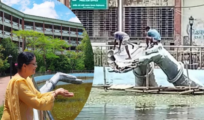 মুনমুন আহমেদ ও ভাস্কর্য ভাঙার একটি দৃশ্য  