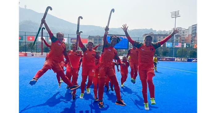 পদকজয়ের পর বাংলাদেশের মেয়েদের উচ্ছ্বাস। ছবি: বাংলাদেশ হকি ফেডারেশন  