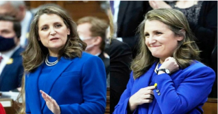 ক্রিস্টিয়া ফ্রিল্যান্ডের নীল স্যুট আর হলুদ বোতাম