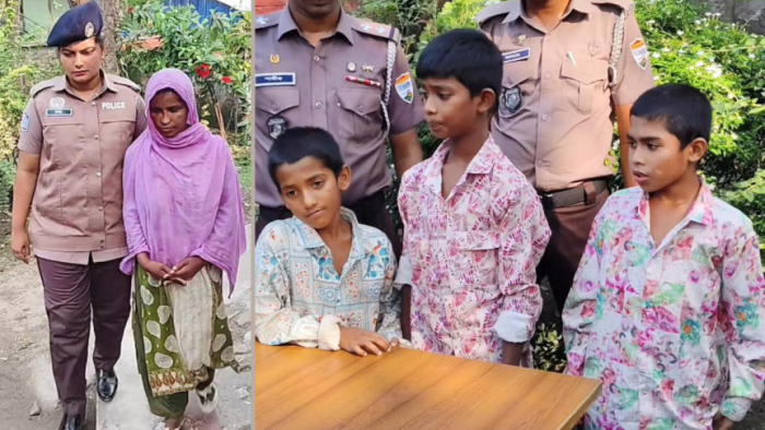 শিশু অপহরণচক্রের নারী সদস্য গ্রেপ্তার এবং উদ্ধার হওয়া তিন শিশু। কোলাজ ছবি