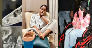 দাঁড়াতে পারছেন না রাশমিকা দাঁড়াতে পারছেন না রাশমিকা