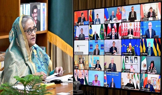 ভার্চুয়াল প্ল্যাটফর্মে ভারতের নয়াদিল্লিতে অনুষ্ঠিত ‘জি২০ লিডারস সামিট ২০২৩’-এ বক্তৃতা করছেন প্রধানমন্ত্রী।